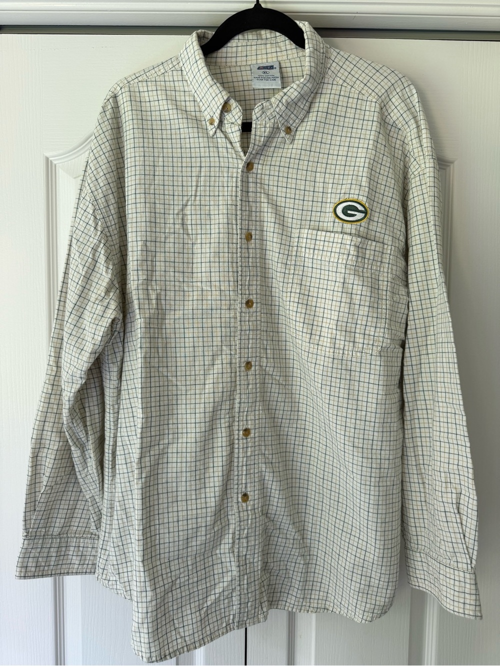 Men's Green Bay Packers Cream Green Yellow Button-Down Plaid Shirt with Logo XL